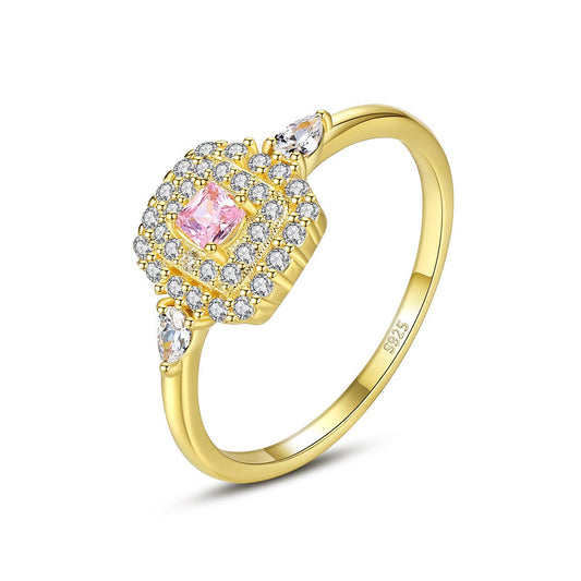 Aetolia 925 Sterling Silver 18K Gold Plated Pink CZ Diamond Halo Square Ring SR20082214