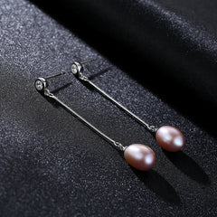 Aetolia 925 Sterling Silver Natural Freshwater Pearl Earrings Bezel Set Round CZ Diamond Long Dangle Stud Earrings FE0009