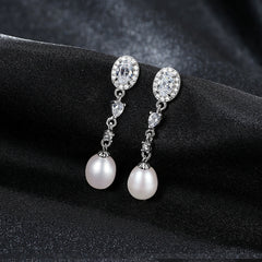 Aetolia 925 Sterling Silver Natural Freshwater Pearl Earrings Oval CZ Diamond Long Dangle Stud Earrings FE0058