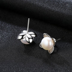 Aetolia 925 Sterling Silver Natural Freshwater Pearl Earrings Four Leaf Clover Black Pearl Stud Earrings FE0111