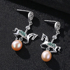 Aetolia 925 Sterling Silver Natural Freshwater Pearl Earrings Lovely Horse CZ Diamond Long Drop Earrings FE0083