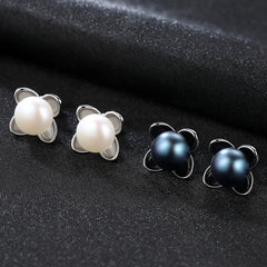 Aetolia 925 Sterling Silver Natural Freshwater Pearl Earrings Four Leaf Clover Black Pearl Stud Earrings FE0111