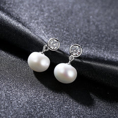 Aetolia 925 Sterling Silver Natural Freshwater Pearl Earrings Bezel Set Solitaire Drop Stud Earrings FE0008