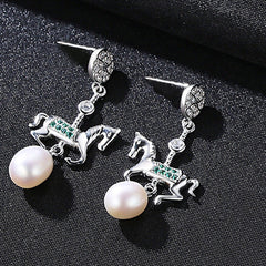 Aetolia 925 Sterling Silver Natural Freshwater Pearl Earrings Lovely Horse CZ Diamond Long Drop Earrings FE0083