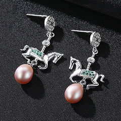 Aetolia 925 Sterling Silver Natural Freshwater Pearl Earrings Lovely Horse CZ Diamond Long Drop Earrings FE0083