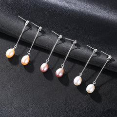 Aetolia 925 Sterling Silver Natural Freshwater Pearl Earrings Bezel Set Round CZ Diamond Long Dangle Stud Earrings FE0009