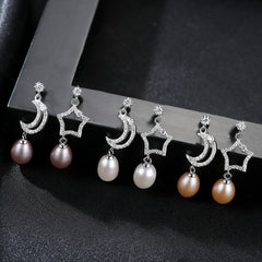 Aetolia 925 Sterling Silver Natural Freshwater Pearl Earrings Moon & Star Cubic Zirconia Drop Earrings FE0067