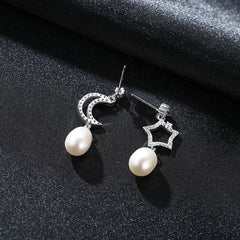 Aetolia 925 Sterling Silver Natural Freshwater Pearl Earrings Moon & Star Cubic Zirconia Drop Earrings FE0067