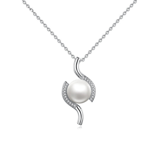 Aetolia 925 Sterling Silver Natural Freshwater Pearl Necklace Geometric CZ Diamond Pendant Necklace FN21081601