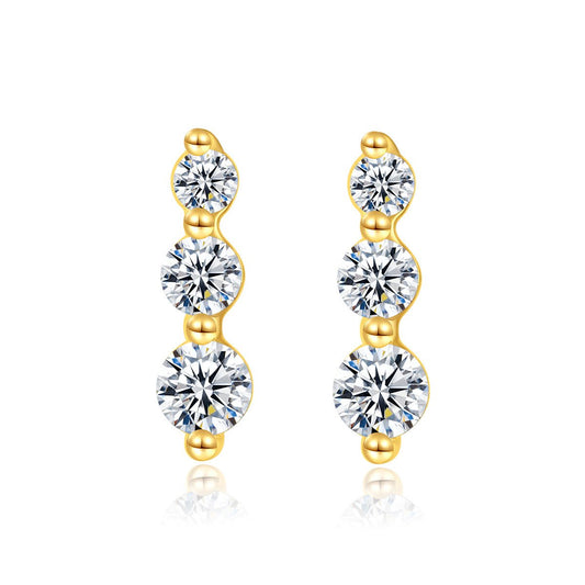 Aetolia 925 Sterling Silver 18K Gold Plated 3 Round CZ Diamond Long Stud Earrings SE20090602