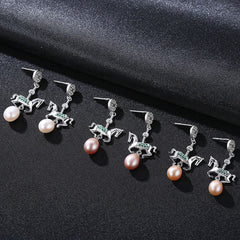 Aetolia 925 Sterling Silver Natural Freshwater Pearl Earrings Lovely Horse CZ Diamond Long Drop Earrings FE0083