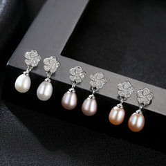 Aetolia 925 Sterling Silver Natural Freshwater Pearl Earrings Halo CZ Diamond Flower Drop Stud Earrings FE0070