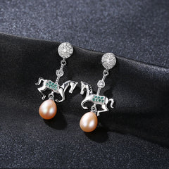 Aetolia 925 Sterling Silver Natural Freshwater Pearl Earrings Lovely Horse CZ Diamond Long Drop Earrings FE0083